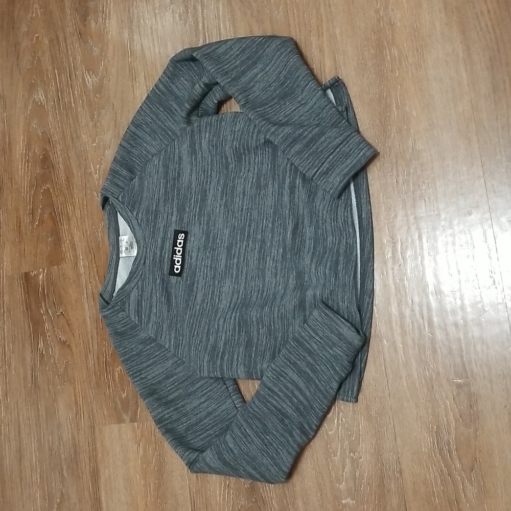 (S) Adidas Heathered Cropped Crew Neck Sweater Loose Relaxed Fit Athleisure